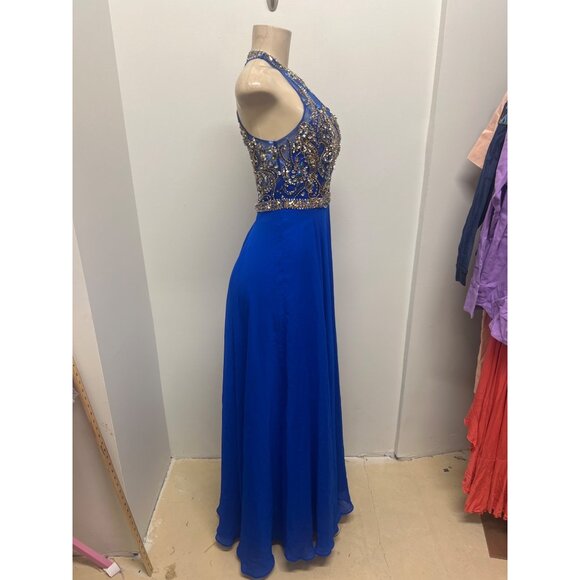 Royal Blue Sleeveless Halter Prom Dress With Beaded Bodice & Sheer Back Detail - Picture 7 of 12